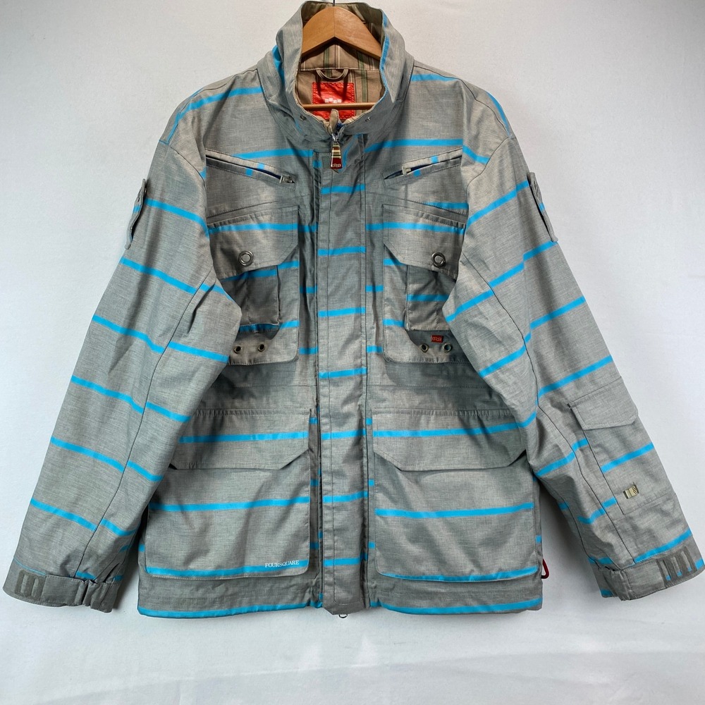 Y2K Foursquare Snowboard Outerwear Men S Grey Blue Striped 15K Technical Jacket